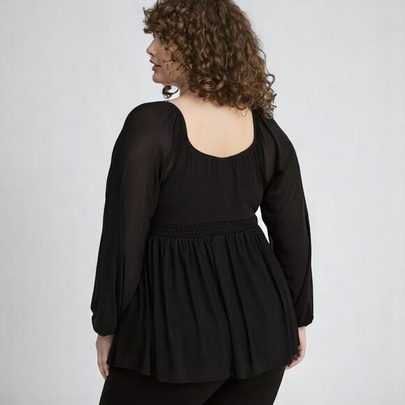 Torrid Black Mesh V-Neck Smocked Babydoll Top | Size 1X (14/16) - Picture 6 of 15